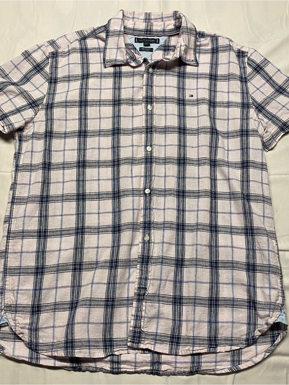 Tommy Hilfiger Pink and Navy Plaid Short Sleeve Button-Down Shirt
